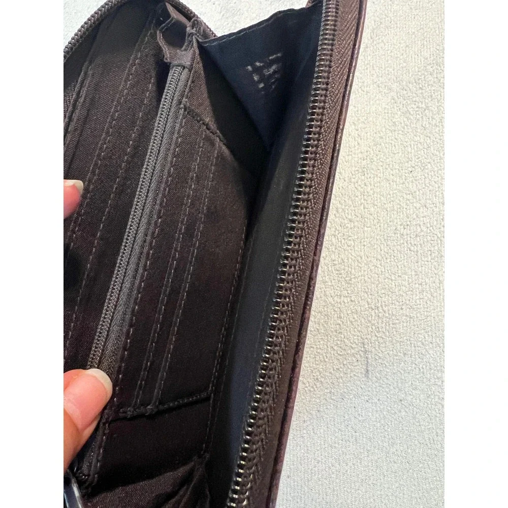 Unisex Dark Brown Faux Leather Zip Around Long Wallet with ID Window